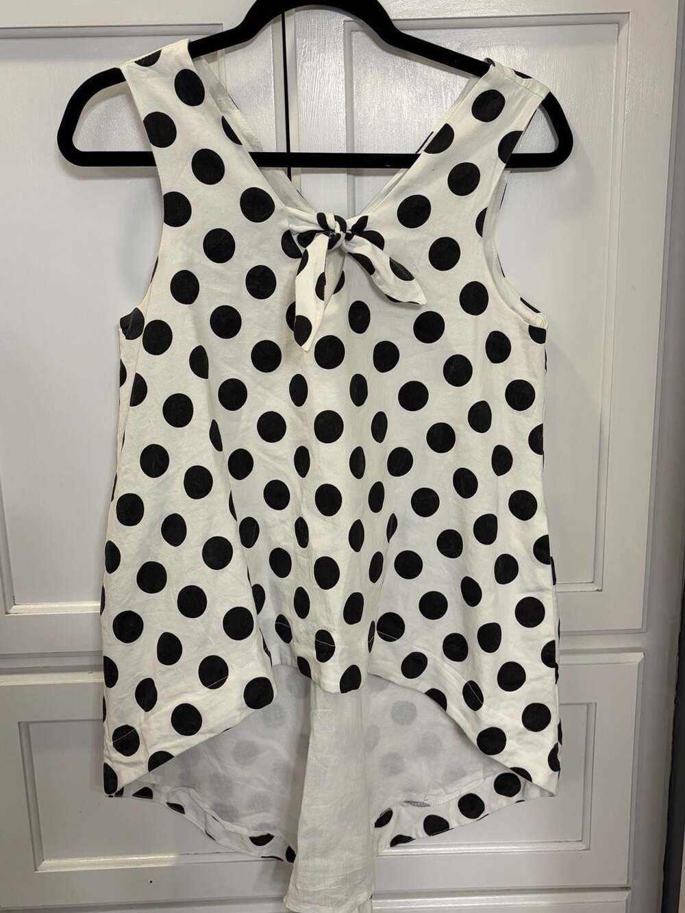 Endless Rose White/ Black Polka Dot Sleeveless Tank Top with Tie Front Detail, M